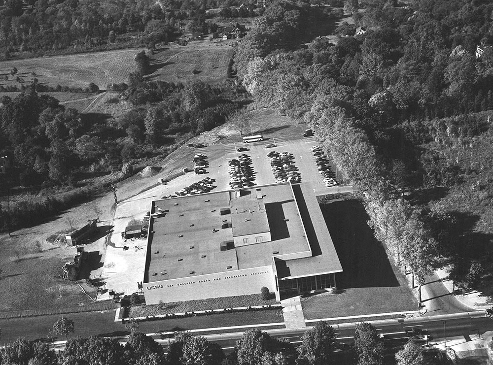 Aerial views WCAU-TV Radio Station City line and Monument Ave.