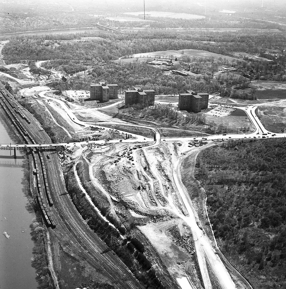 Aerial views Schuylkill Expressway route through Fairmount Park