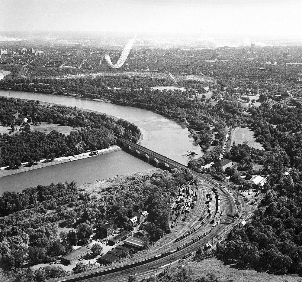 Schuylkill River vicinity of Columbia Ave bridge, city in background