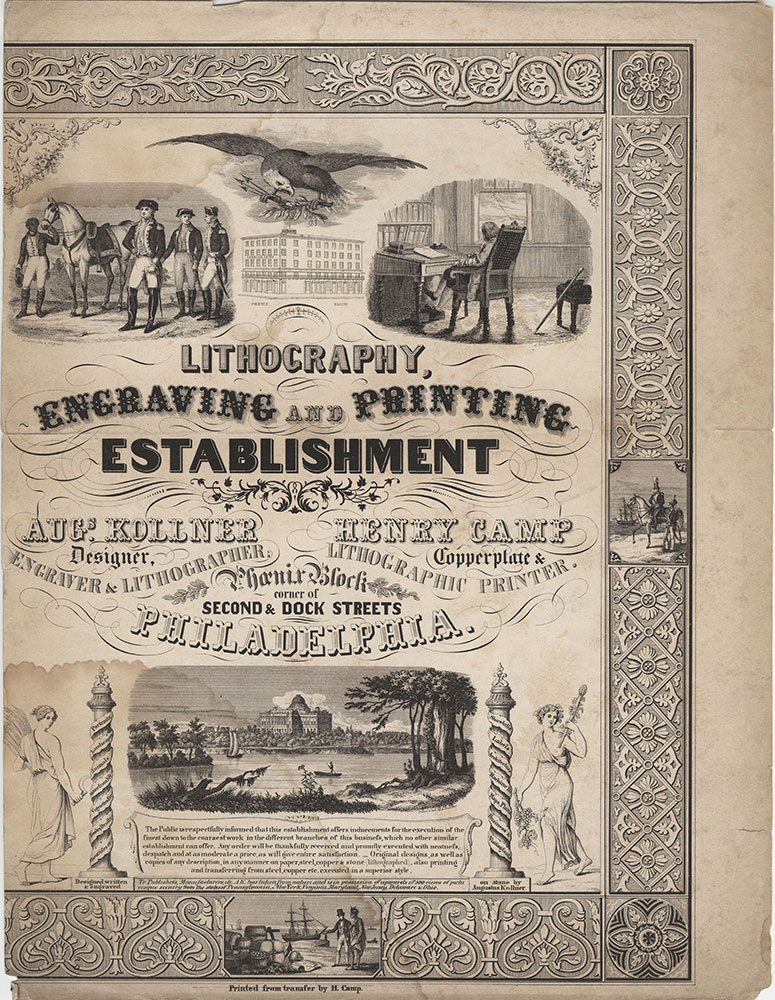 Lithography, engraving and printing establishment. Augs. Kollner designer, engraver & lithographer. Henry Camp copperplate & lithographic printer. Phoenix Block corner of Second & Dock streets Philadelphia [graphic]