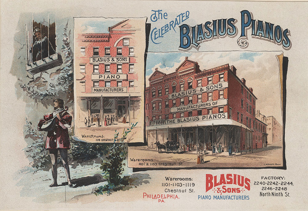 The celebrated Blasius Pianos. Blasius & Sons piano manufacturers. [graphic] : Warerooms: 1101-1103-1119 Chestnut St. Factory: 2240-2242-2244, 2246-2248 North Ninth St. Philadelphia Pa.