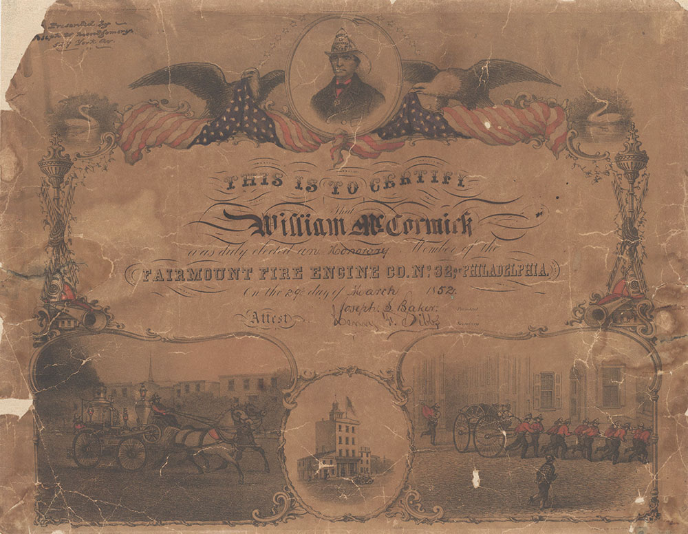 Fairmount Fire Engine Co. No. 32, of Philadelphia [membership certificate] [graphic] / Drawn on stone by H. Kurtz.