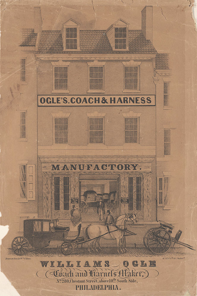 Williams Ogle coach and harness maker, no. 280, Chestnut Street, above 10th.. south side, Philadelphia. [graphic] / Drawn on stone by Wm. H. Rease, no. 17, So. 5th St., Philada