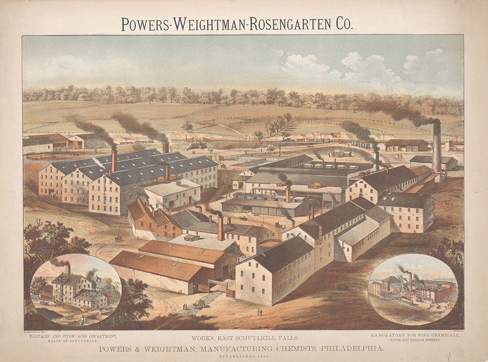 Powers-Weightman-Rosengarten Co. Works, East Schuylkill Falls. Powers & Weightman, Manufacturing Chemists, Philadelphia. Established 1818 [graphic] / A. Blanc Philadelphia.