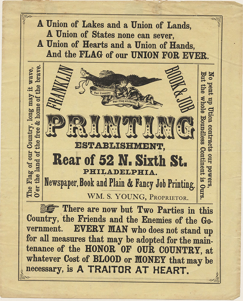 Franklin Book & Job Printing Establishment, Rear of 52 N. Sixth St. Philadelphia