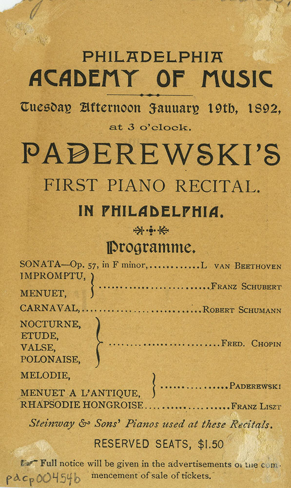 Academy of Music - Advertisment for Ignace J. Paderewski - Back
