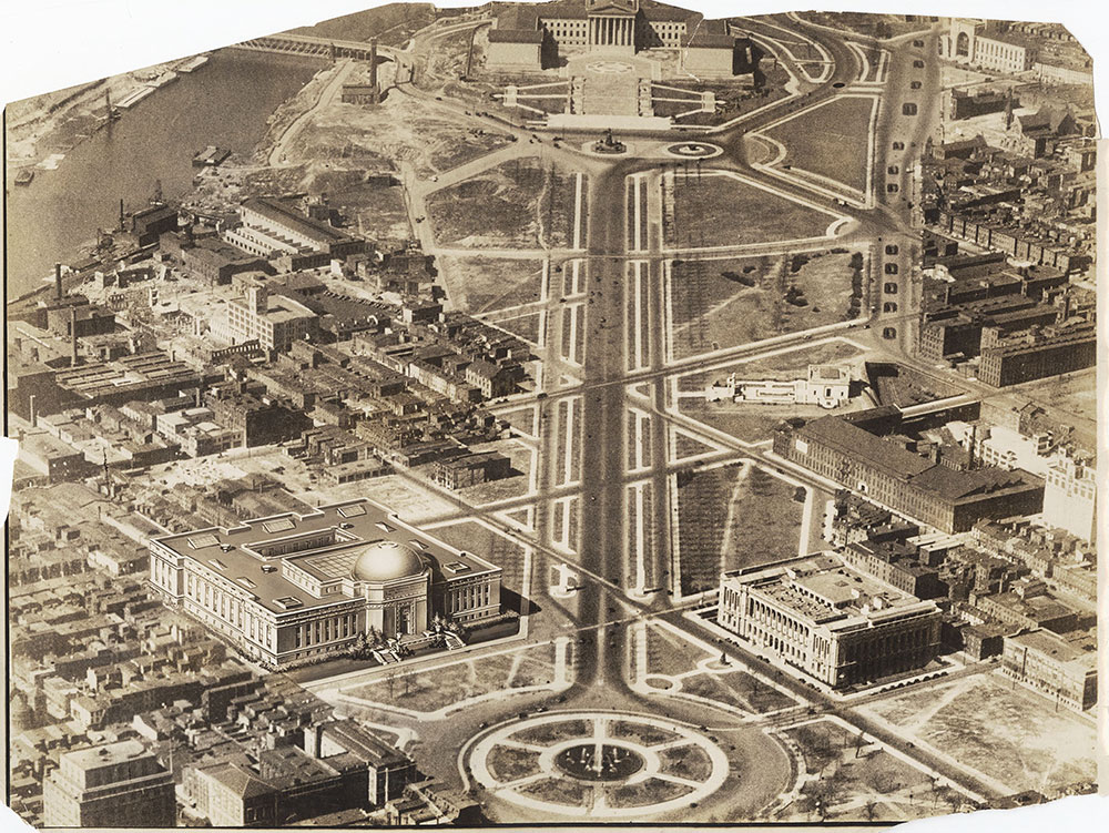 Parkway View with artist rendering of proposed Franklin Institute - 1930