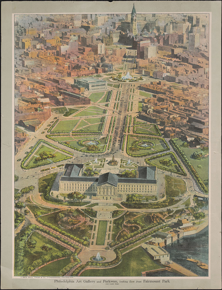 Philadelphia Art Gallery & Parkway, looking East from Fairmount Park (air plane view)