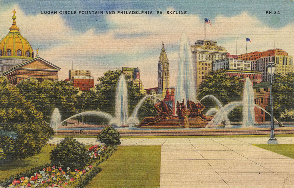 Logan Circle Fountain and Philadelphia, Pa. Skyline