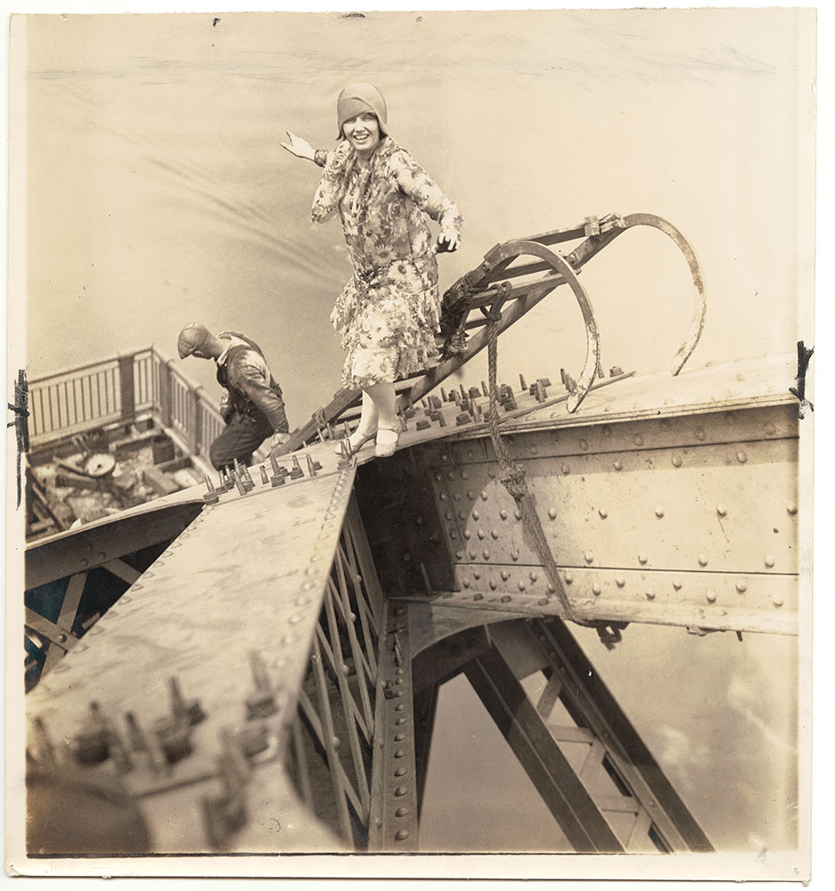 Vivian Shirley standing atop the Tacony-Palmyra Bridge (under construction)