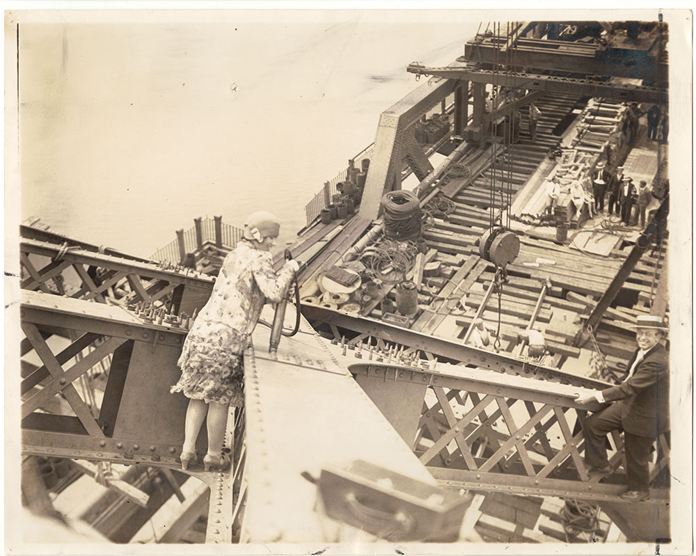 Vivian Shirley, driving a rivet on the Tacony-Palmyra Bridge (under construction)