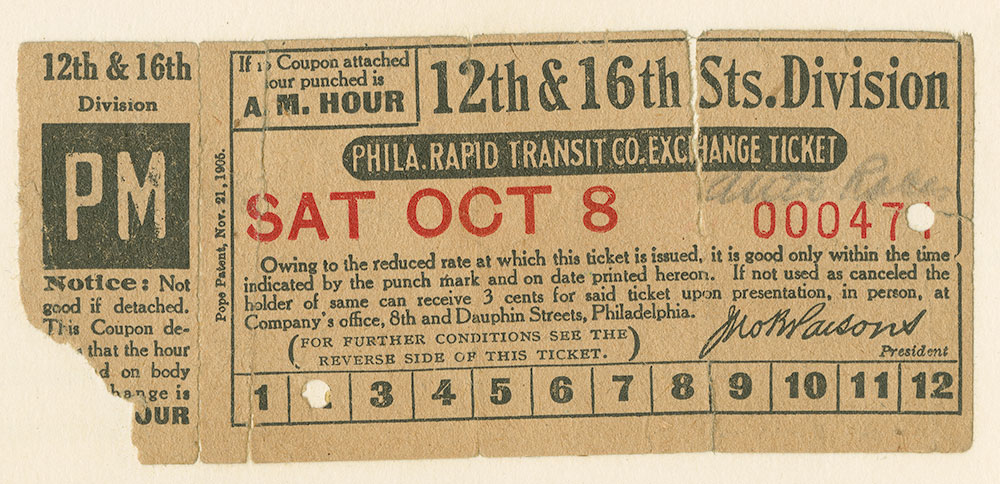 Phila. Rapid Transit Co. Exchange Ticket, 12th & 16th Sts. Division