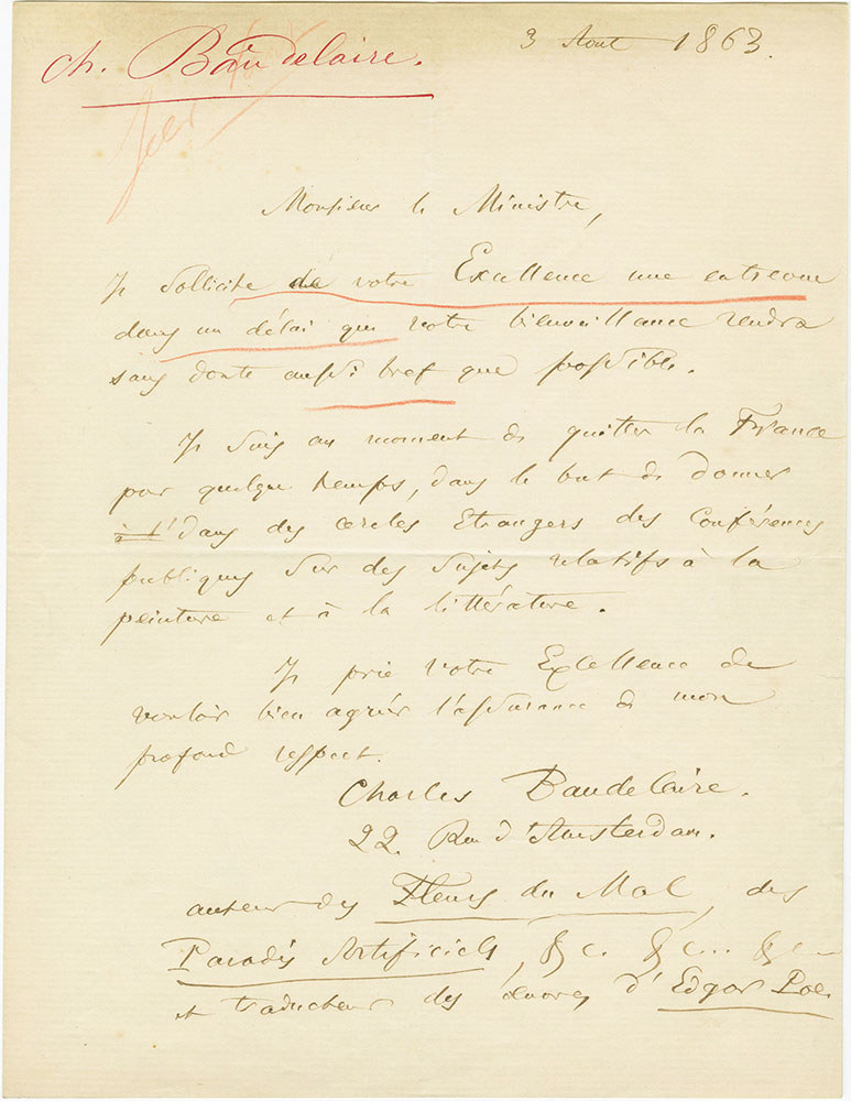 ALs to Ministre [de l'Instruction publique?] soliciting an interview, and describing himself as the translator of Poe's works.