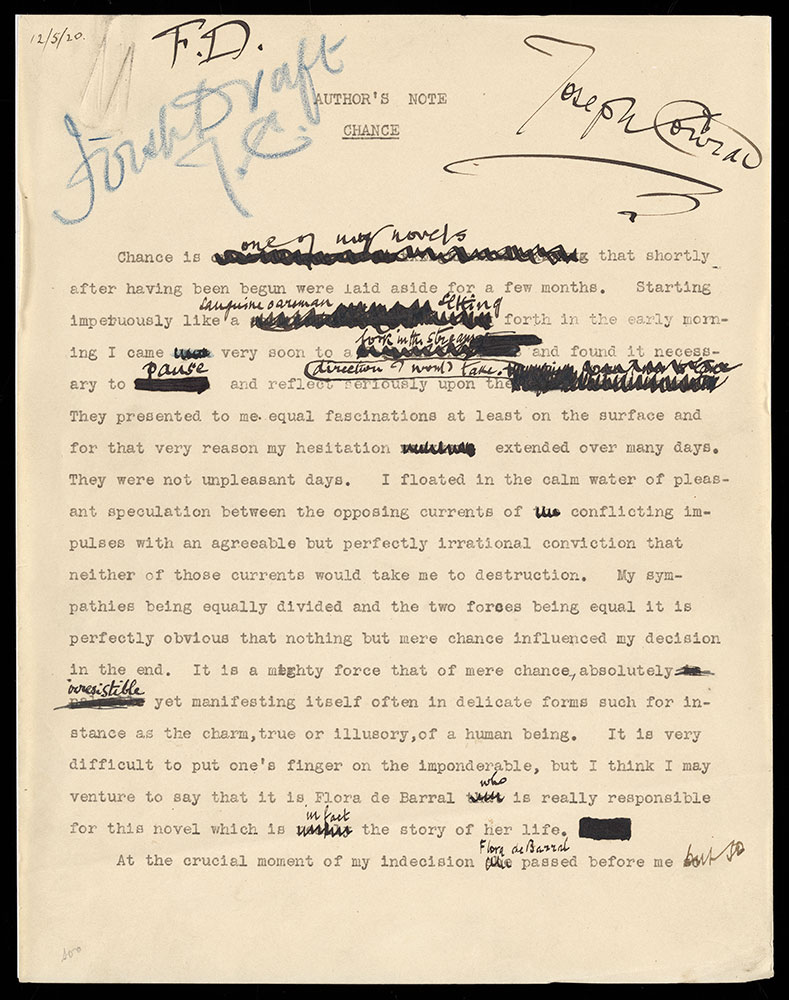 Typescript of Joseph Conrad's Chance with autograph corrections signed page 1