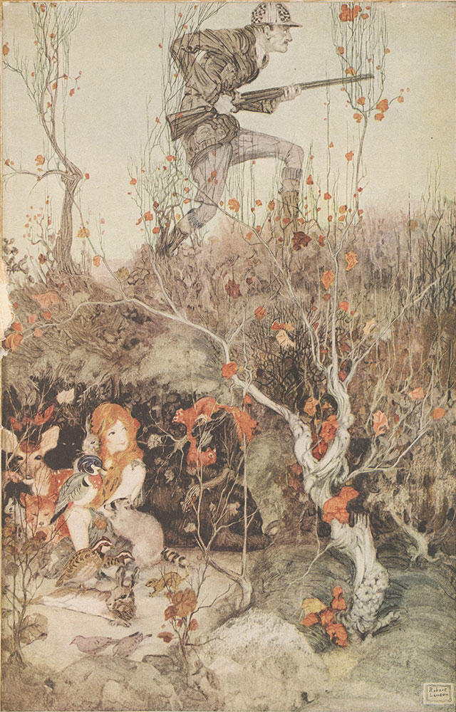 Illustration of a man hunting and a woman sheltering animals, for The Designer and the Woman's Magazine