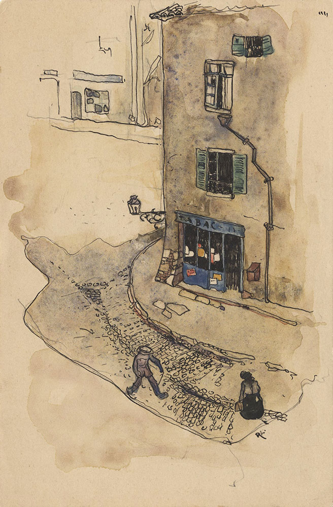 Postcard to Marie Lawson, watercolor of town square