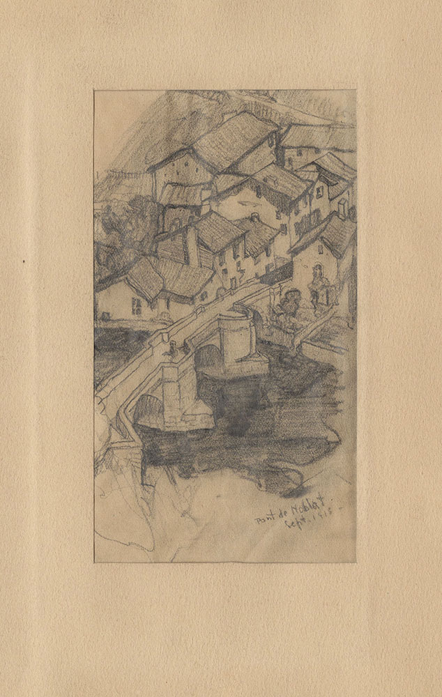 Sketch of a town and bridge in France