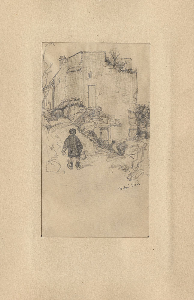 Sketch of a boy amidst ruins