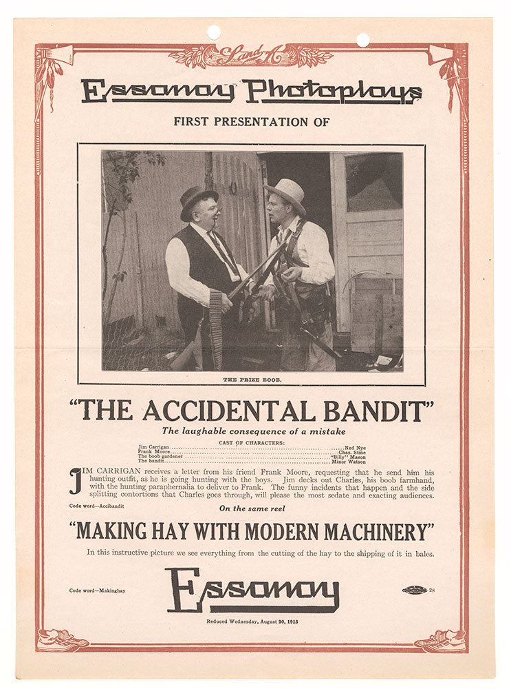 Advertisement for “The Accidental Bandit” and “Making Hay with Modern Machinery”