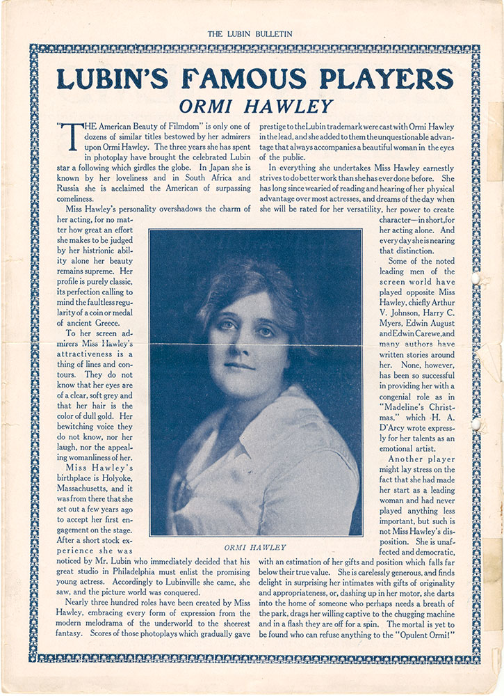 Lubin's Famous Players: Ormi Hawley (Page 12 - Back Cover)