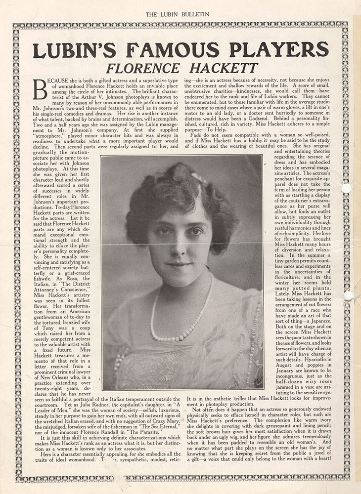 Lubin's Famous Players: Florence Hackett (Page 24 - Back Cover)