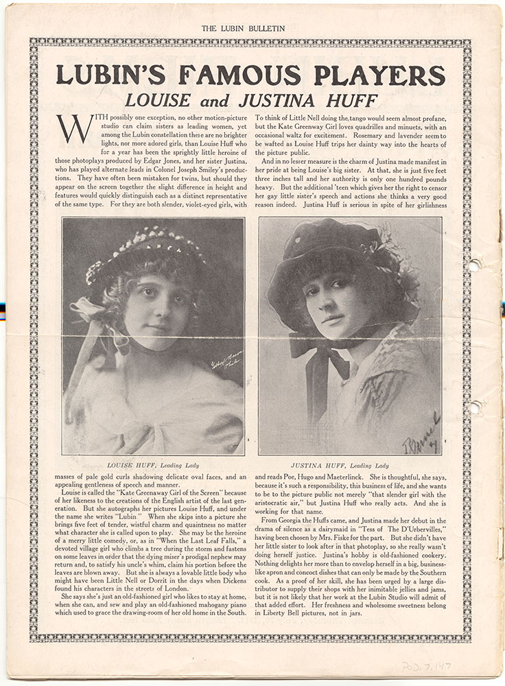 Lubin's Famous Players: Louise and Justina Huff (Page 24 - Back Cover)
