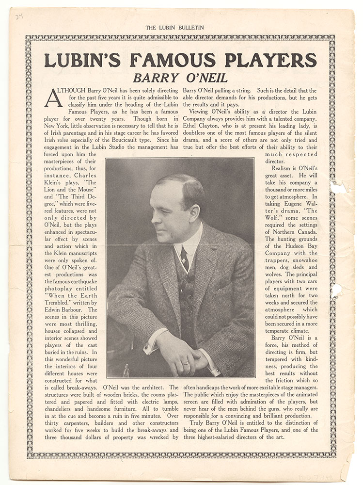 Lubin's Famous Players: Barry O'Neil (Page 24 - Back Cover)